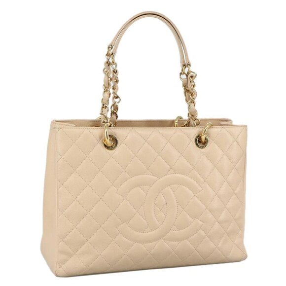 CHANEL Matelasse Chain Tote Bag Caviar Skin Beige Gold CC Auth PP121V - Picture 1 of 16